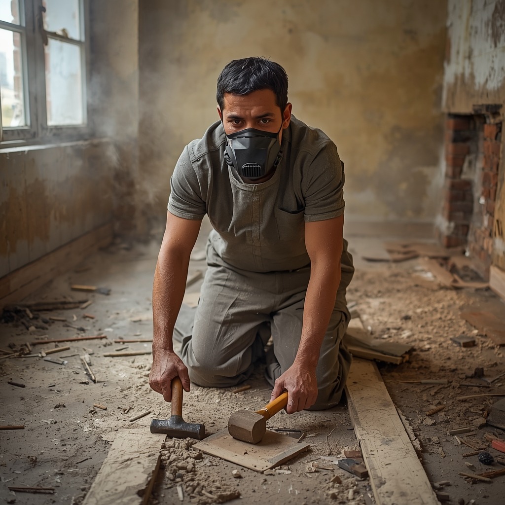 lucid-origin_A_worker_in_a_protective_suit_and_mask_is_kneeling_on_a_partially_removed_floor_-0