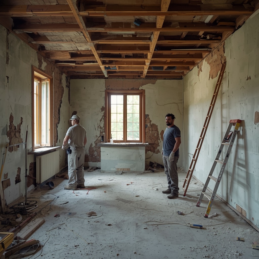 lucid-origin_Interior_of_a_room_with_workers_stripping_old_wallpaper_and_removing_damaged_pla-0
